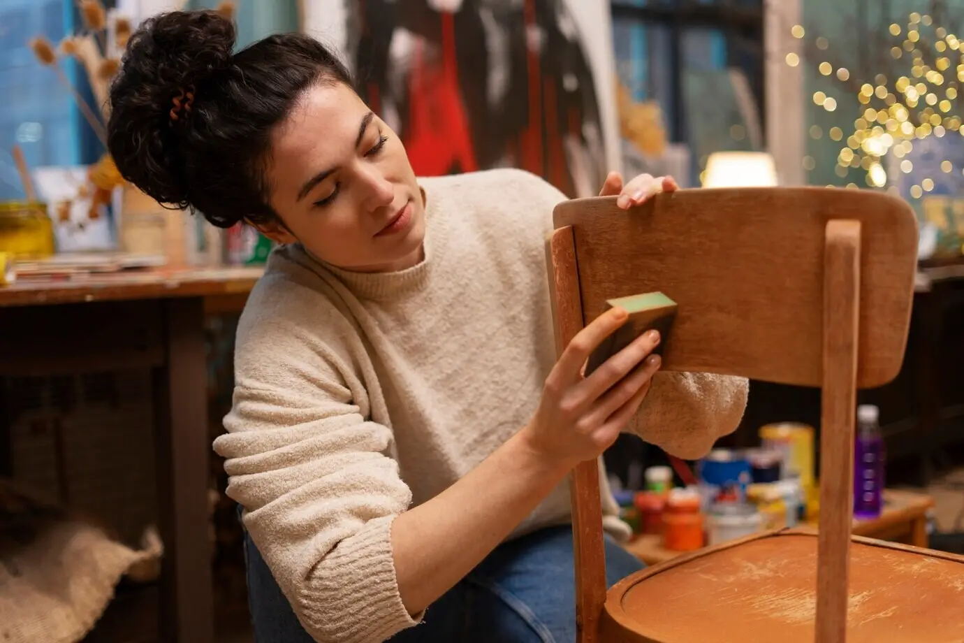 Vorderansicht einer Frau, die einen Holzstuhl restauriert.